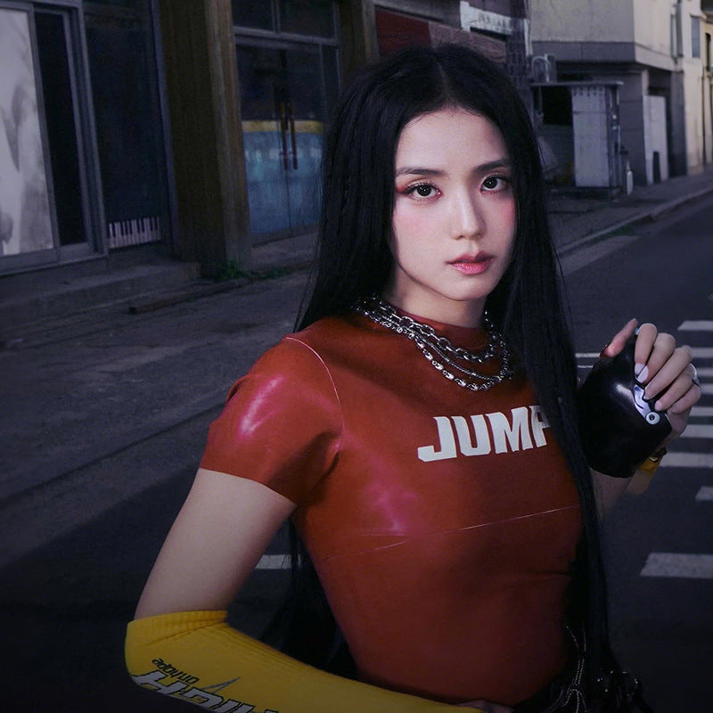 Sylcue Blackpink Idol Style letter Print Round Neck Easiest for match Short-Sleeved T-Shirt Feminine Navel-Baring Tops