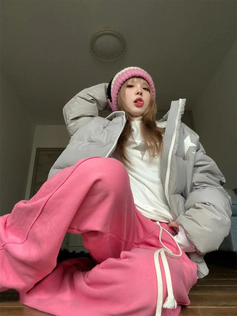 Niche XINGX Printed Puffer Jacket Coat Women, American Korean Retro Style Over sized Puffer Jacket Vintage Baseball Jacket Sports Printed Sparkle Gray jacket Aesthetic
