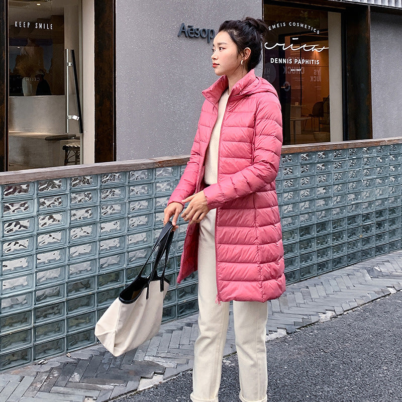 mid-length, lightweight down winter jacket for women, new arrival, 2025, autumn jacket, fall, december, hooded jacket, long, korean style