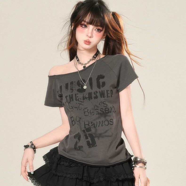 Korean-style Cool Japan Fashion Y2K Slant Shoulder Short-sleeved T-shirt Women's Summer Scrap Punk Slim-fit Slim-fit Short Top