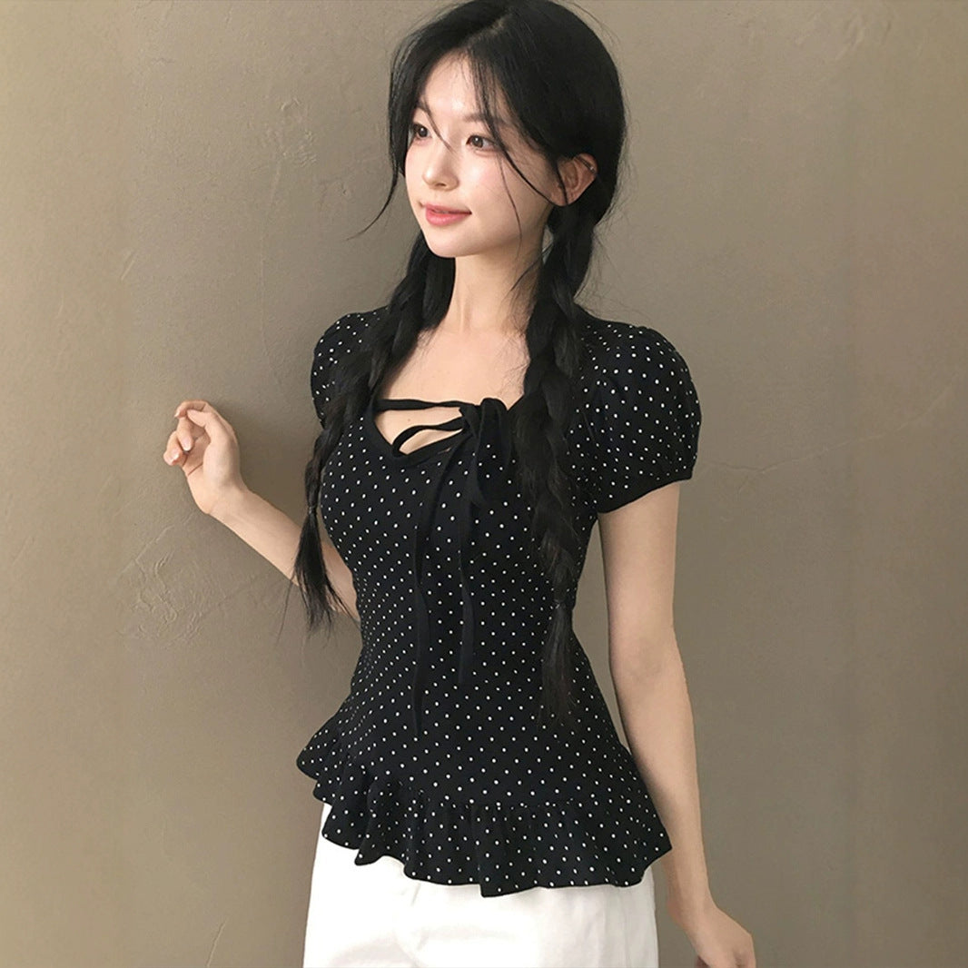 Sanwild Korean New Sweet Niche Design Short-Sleeved Women's Summer Slimming Look Versatile Strappy T-Shirt Top