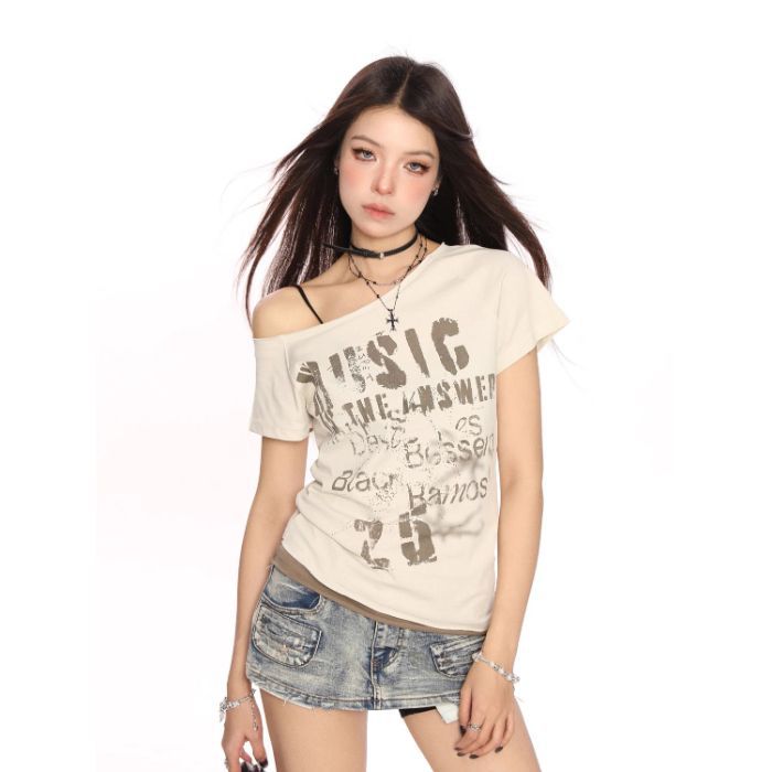 Korean-style Cool Japan Fashion Y2K Slant Shoulder Short-sleeved T-shirt Women's Summer Scrap Punk Slim-fit Slim-fit Short Top
