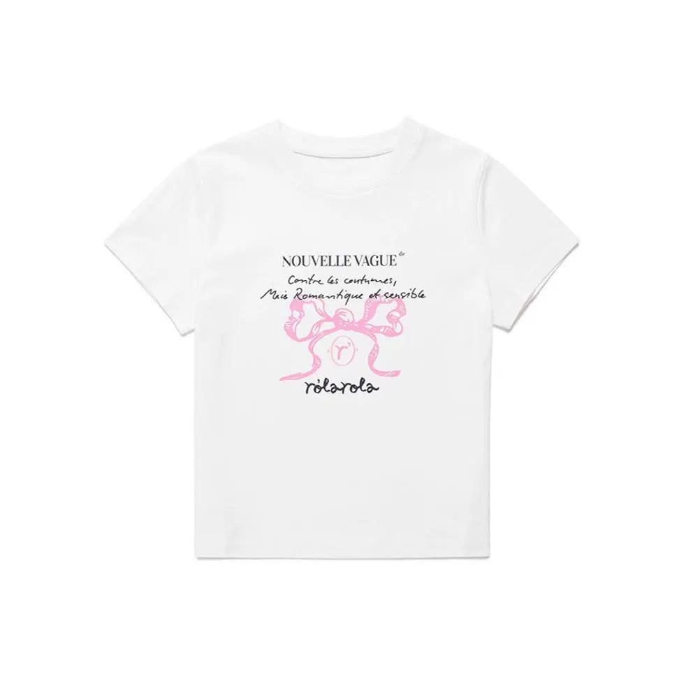 [Authentic Korean Product] Trendy Brand Lauraola Short-Sleeved T-Shirt Women's Slim Cotton Right Shoulder Top Wonyoungs Same Style