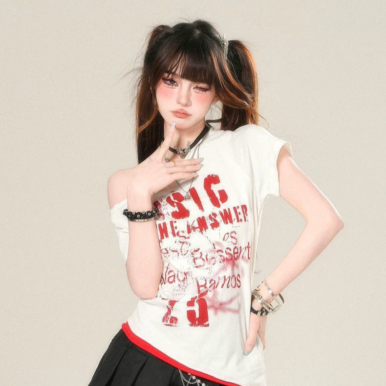 Korean-style Cool Japan Fashion Y2K Slant Shoulder Short-sleeved T-shirt Women's Summer Scrap Punk Slim-fit Slim-fit Short Top