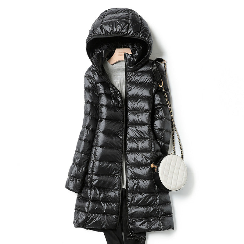 mid-length, lightweight down winter jacket for women, new arrival, 2025, autumn jacket, fall, december, hooded jacket, long, korean style