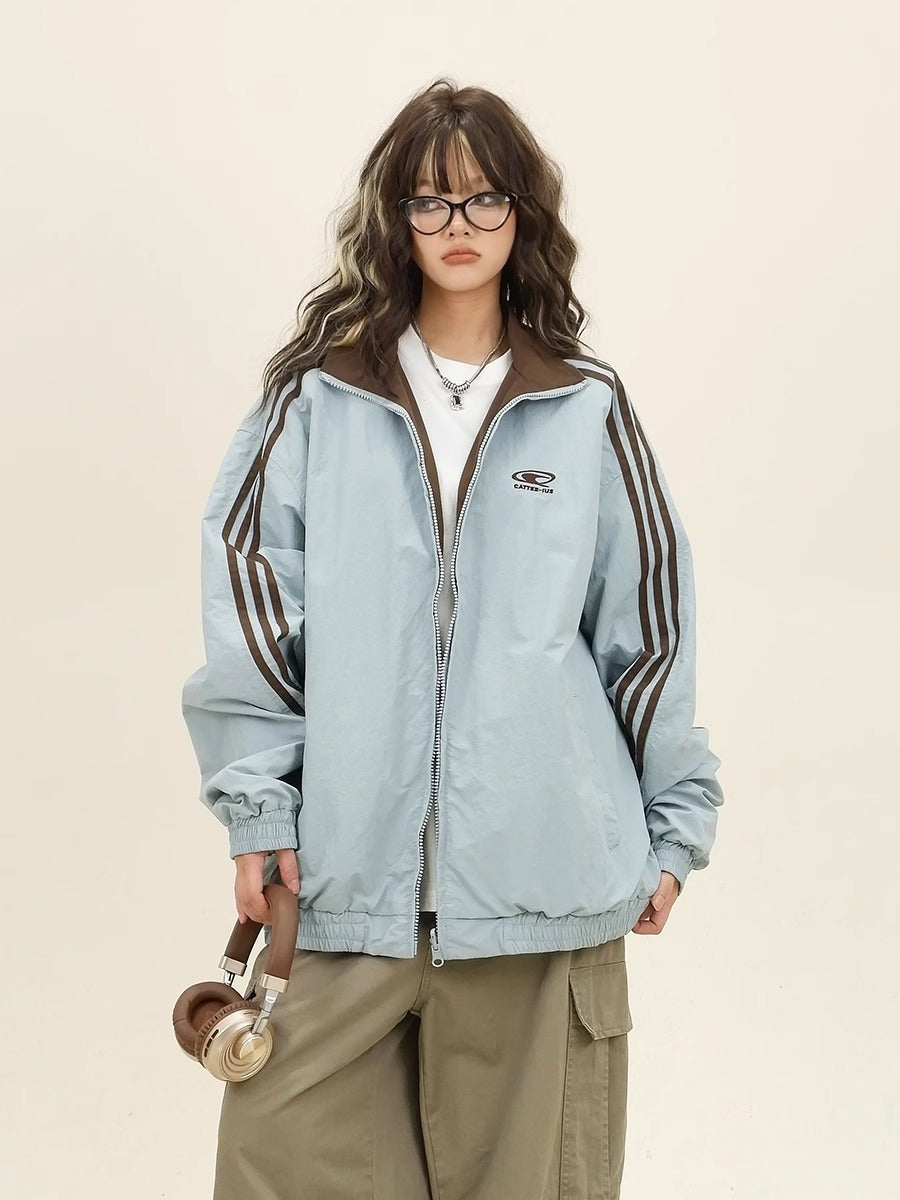 Dusk Three-Stripe Reversible Jacket for Women, Spring and Autumn, Loose Fit, Bf American Retro Sports Baseball Jacket, College Style Coat