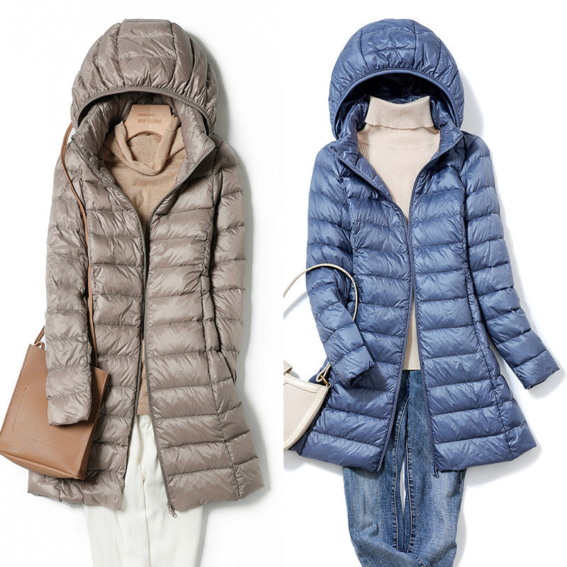 mid-length, lightweight down winter jacket for women, new arrival, 2025, autumn jacket, fall, december, hooded jacket, long, korean style
