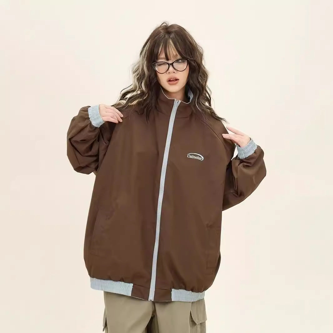 Dusk Three-Stripe Reversible Jacket for Women, Spring and Autumn, Loose Fit, Bf American Retro Sports Baseball Jacket, College Style Coat