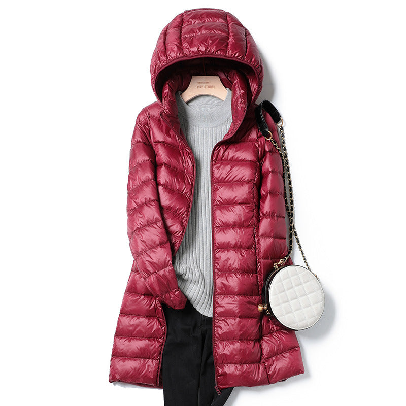 mid-length, lightweight down winter jacket for women, new arrival, 2025, autumn jacket, fall, december, hooded jacket, long, korean style