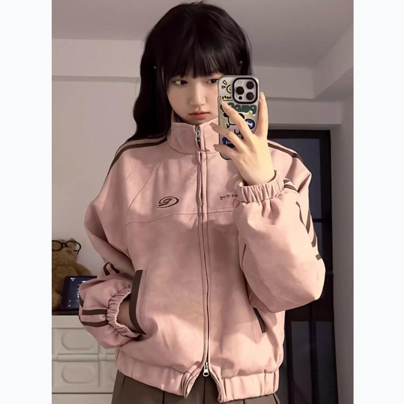 American Retro Deerskin Velvet Baseball Jacket for Women, New Spring and Autumn Style, Petite Korean Version, Loose Student Short Jacket