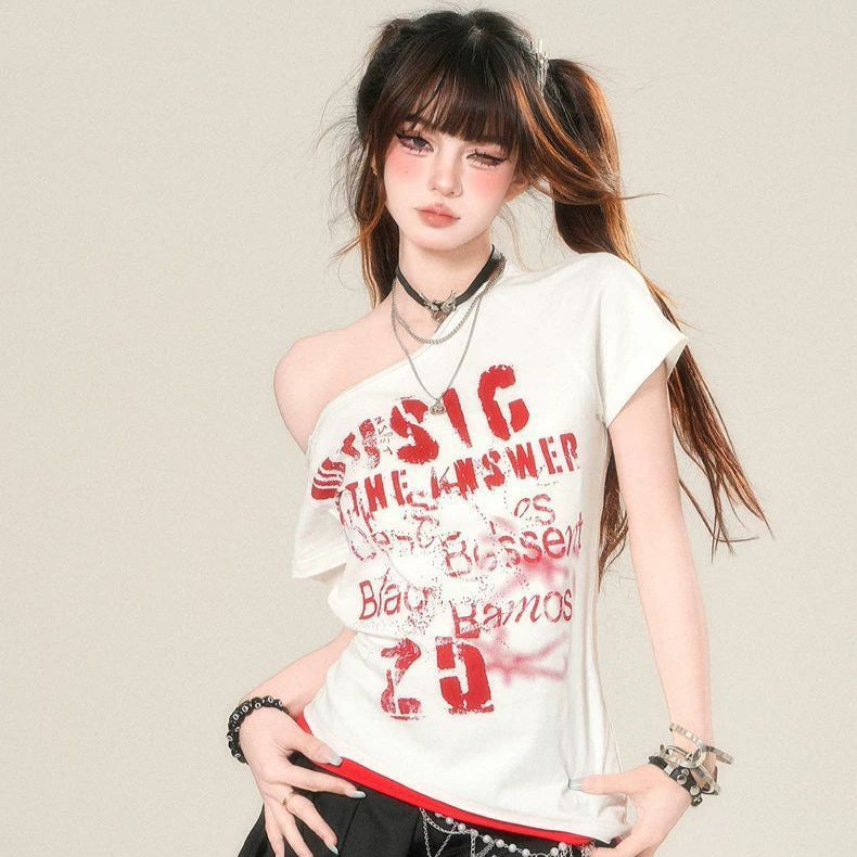 Korean-style Cool Japan Fashion Y2K Slant Shoulder Short-sleeved T-shirt Women's Summer Scrap Punk Slim-fit Slim-fit Short Top