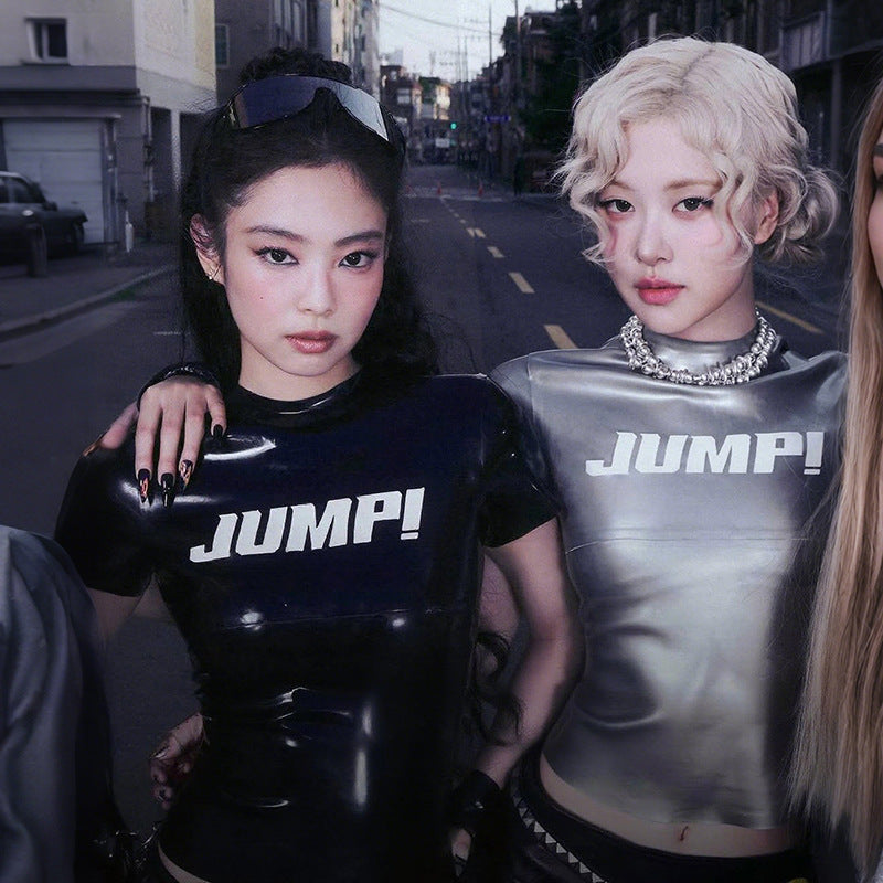 Sylcue Blackpink Idol Style letter Print Round Neck Easiest for match Short-Sleeved T-Shirt Feminine Navel-Baring Tops