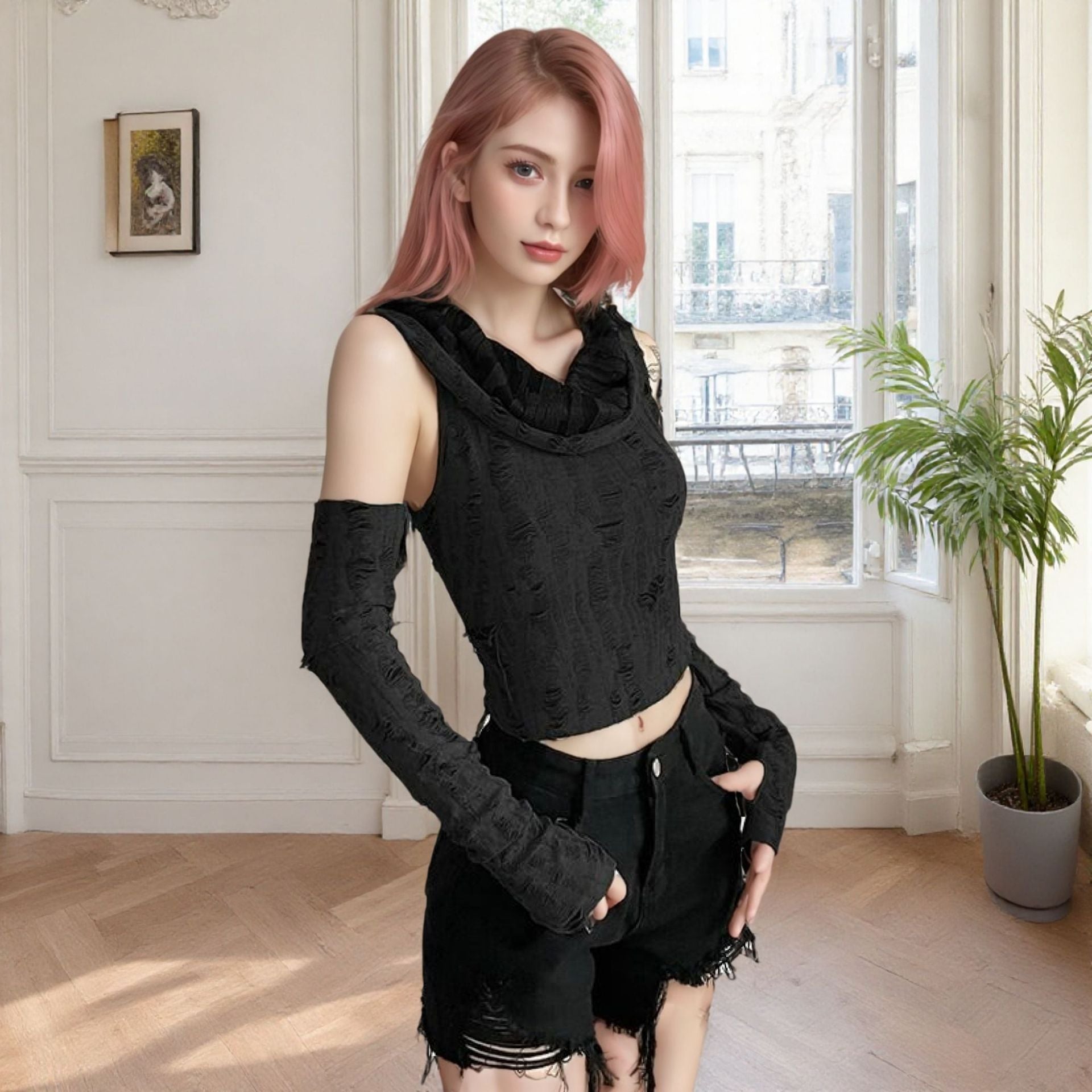 European and American Y2K Yabi Wasteland Style Jazz Dance Top for Women's Group Outfits, Jazz Dance Hooded Sun Protection Cover-Up