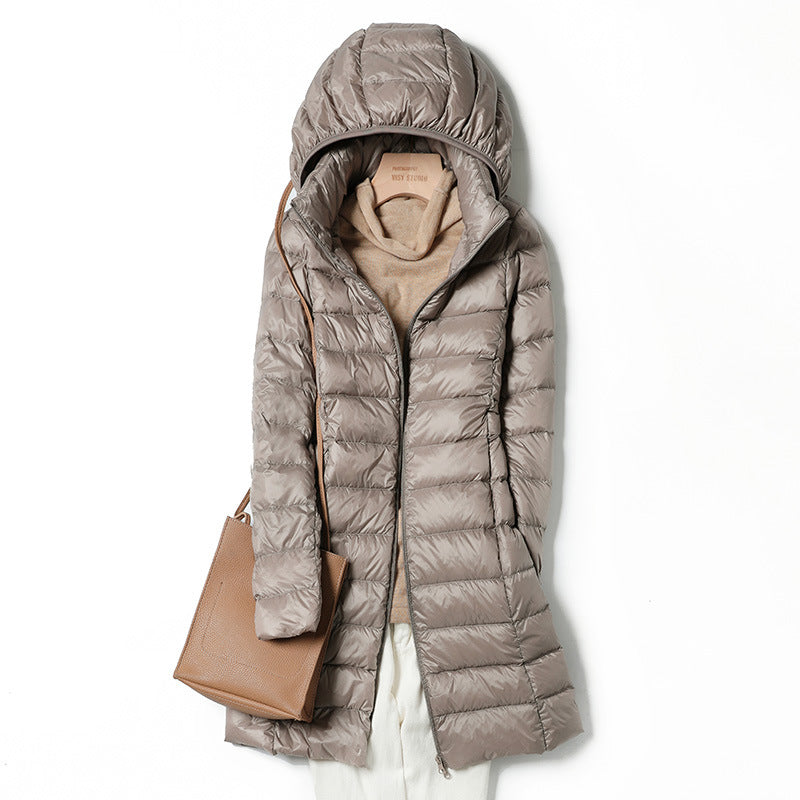 mid-length, lightweight down winter jacket for women, new arrival, 2025, autumn jacket, fall, december, hooded jacket, long, korean style