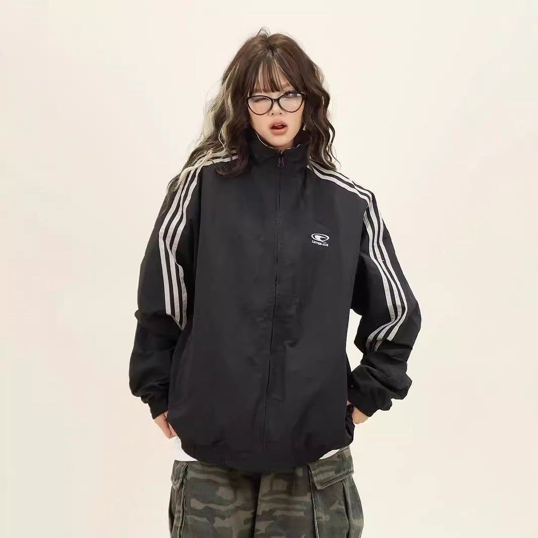 Dusk Three-Stripe Reversible Jacket for Women, Spring and Autumn, Loose Fit, Bf American Retro Sports Baseball Jacket, College Style Coat