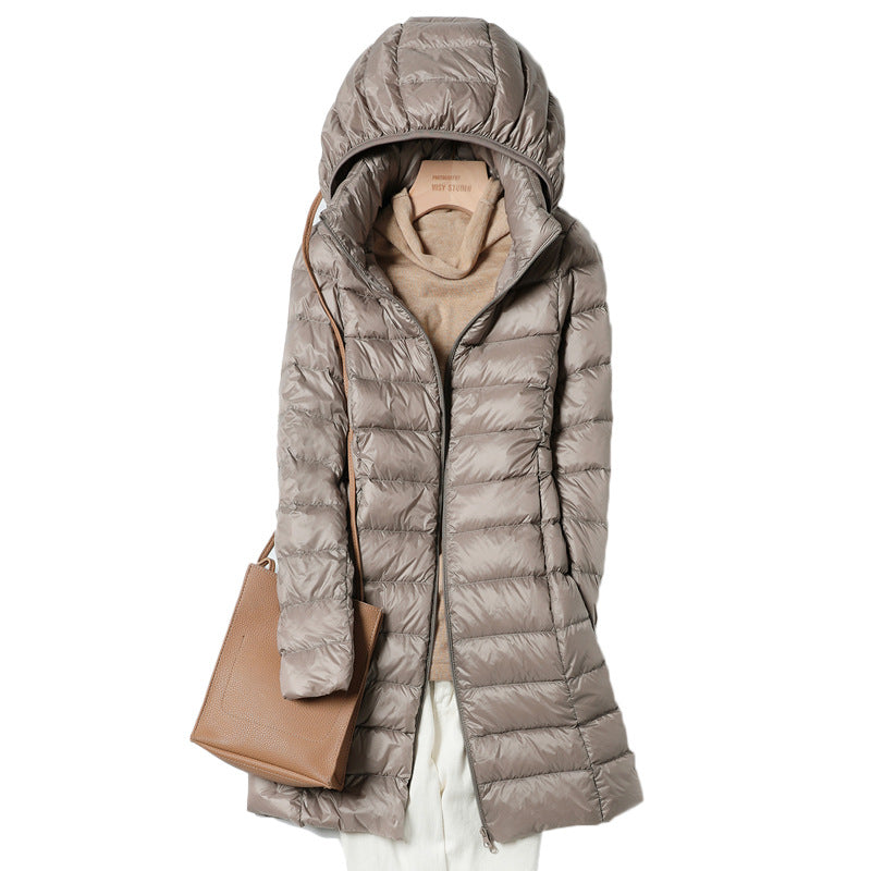 mid-length, lightweight down winter jacket for women, new arrival, 2025, autumn jacket, fall, december, hooded jacket, long, korean style