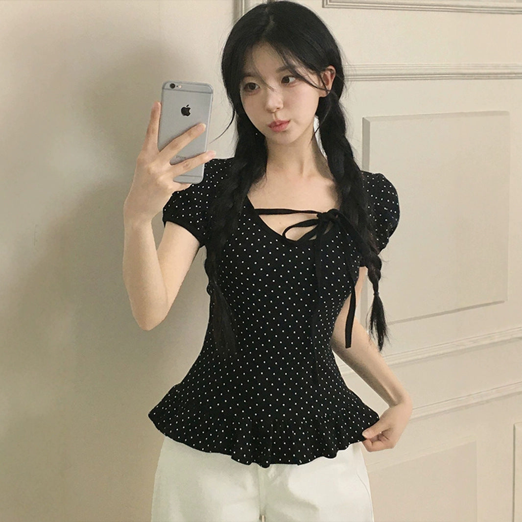 Sanwild Korean New Sweet Niche Design Short-Sleeved Women's Summer Slimming Look Versatile Strappy T-Shirt Top