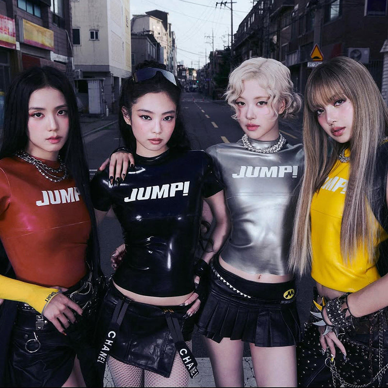 Sylcue Blackpink Idol Style letter Print Round Neck Easiest for match Short-Sleeved T-Shirt Feminine Navel-Baring Tops