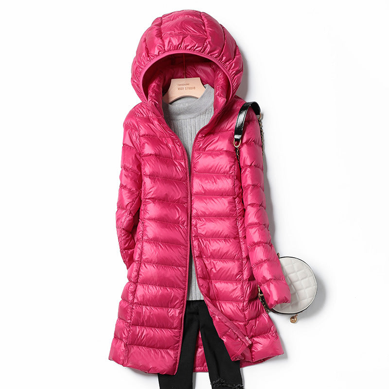 mid-length, lightweight down winter jacket for women, new arrival, 2025, autumn jacket, fall, december, hooded jacket, long, korean style