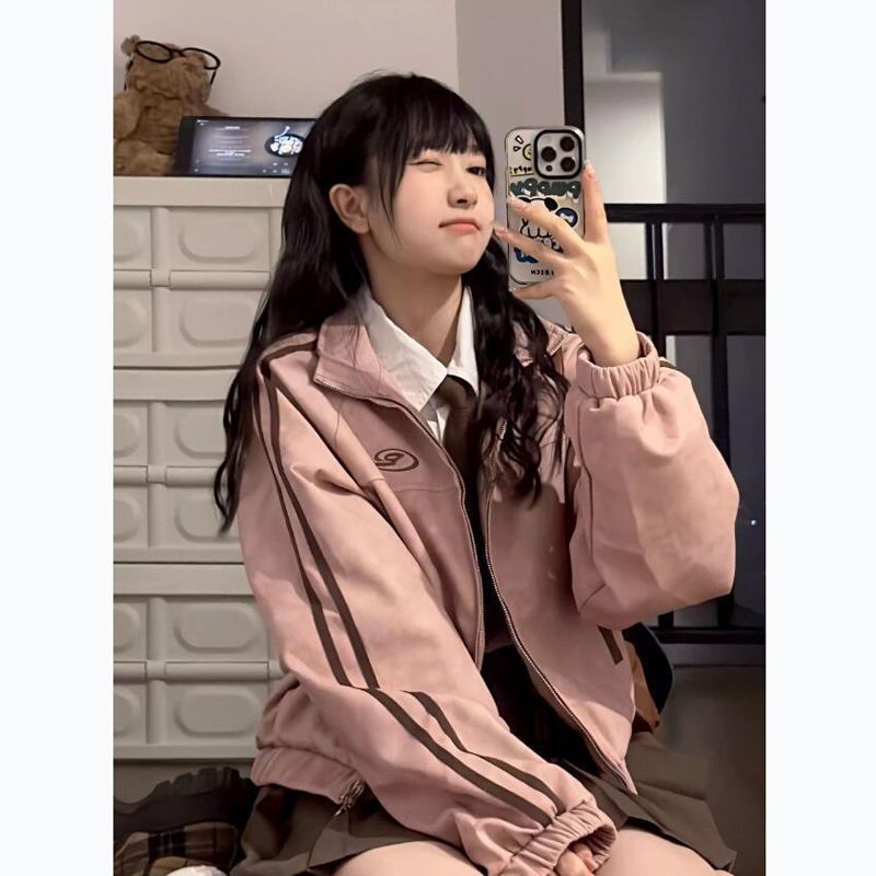 American Retro Deerskin Velvet Baseball Jacket for Women, New Spring and Autumn Style, Petite Korean Version, Loose Student Short Jacket