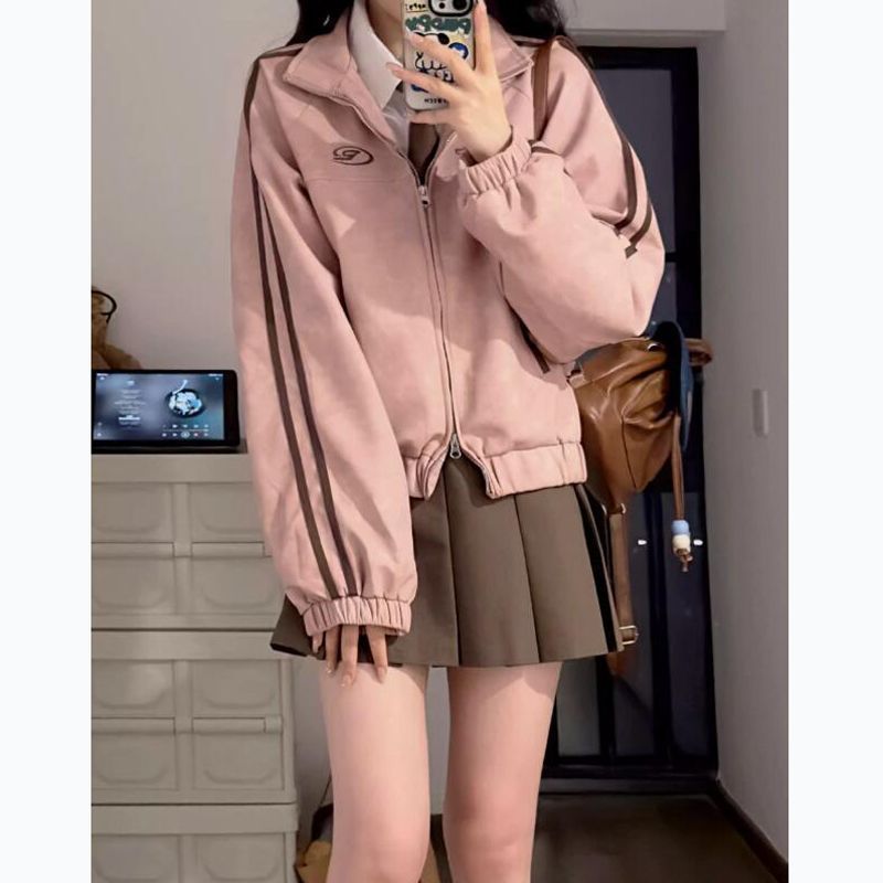 American Retro Deerskin Velvet Baseball Jacket for Women, New Spring and Autumn Style, Petite Korean Version, Loose Student Short Jacket
