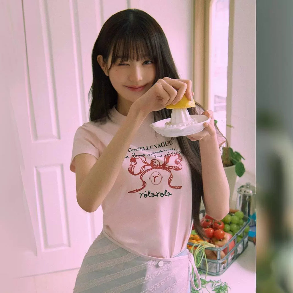 [Authentic Korean Product] Trendy Brand Lauraola Short-Sleeved T-Shirt Women's Slim Cotton Right Shoulder Top Wonyoungs Same Style