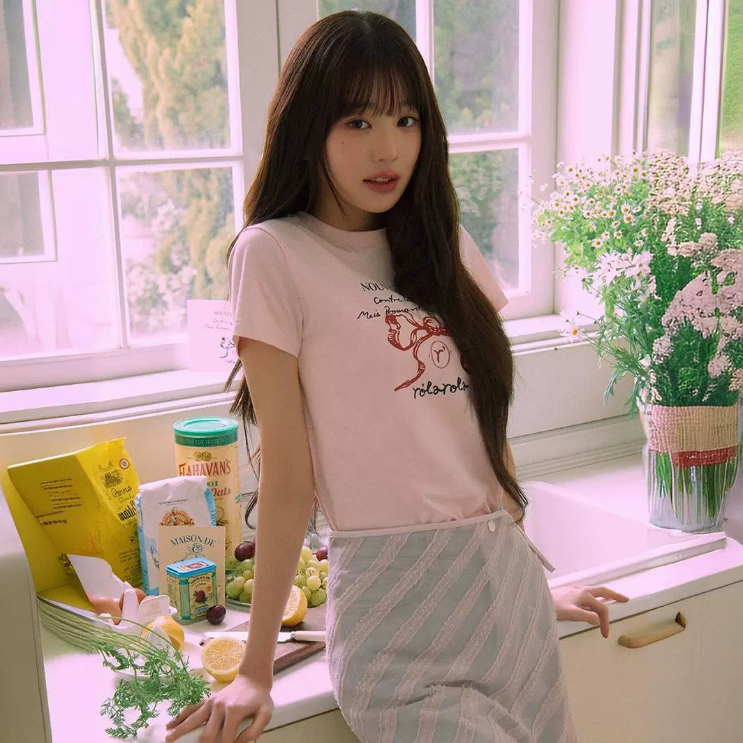 [Authentic Korean Product] Trendy Brand Lauraola Short-Sleeved T-Shirt Women's Slim Cotton Right Shoulder Top Wonyoungs Same Style