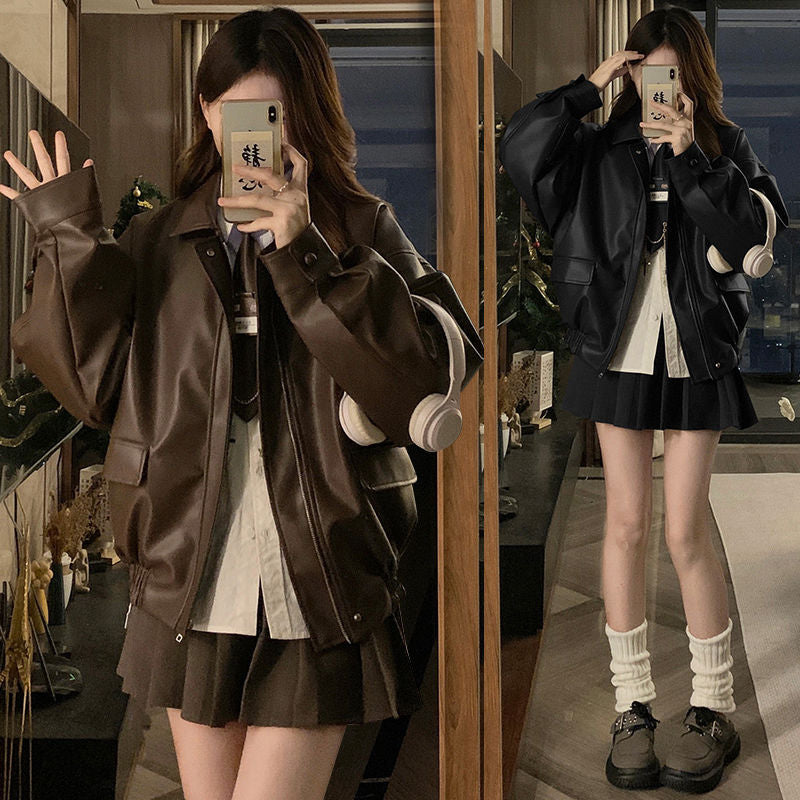Korean Style Spring Small Fragrant Leather Short Outwear Women's 2025 Early Autum New Couple's Baseball Uniform Jacket