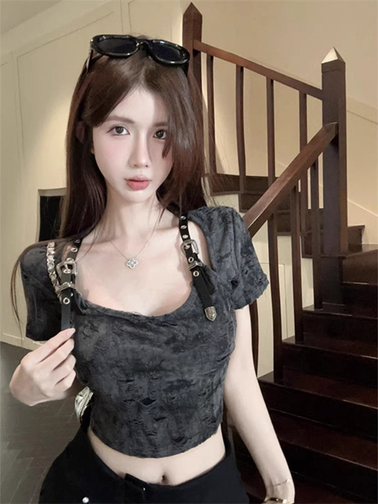 Y2K Yabi Wasteland Style Top Women's Summer Design Jazz Jazz Dance Kpop Women's Group Wear Short-Sleeved T-Shirt