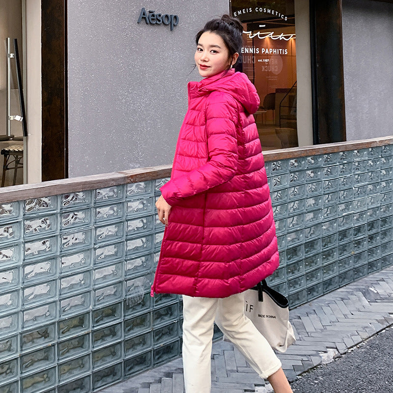 mid-length, lightweight down winter jacket for women, new arrival, 2025, autumn jacket, fall, december, hooded jacket, long, korean style