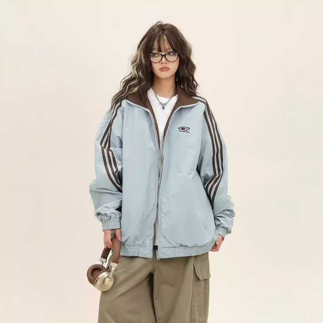 Dusk Three-Stripe Reversible Jacket for Women, Spring and Autumn, Loose Fit, Bf American Retro Sports Baseball Jacket, College Style Coat