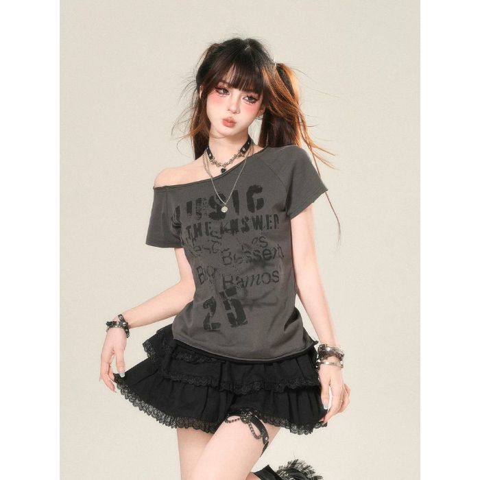 Korean-style Cool Japan Fashion Y2K Slant Shoulder Short-sleeved T-shirt Women's Summer Scrap Punk Slim-fit Slim-fit Short Top