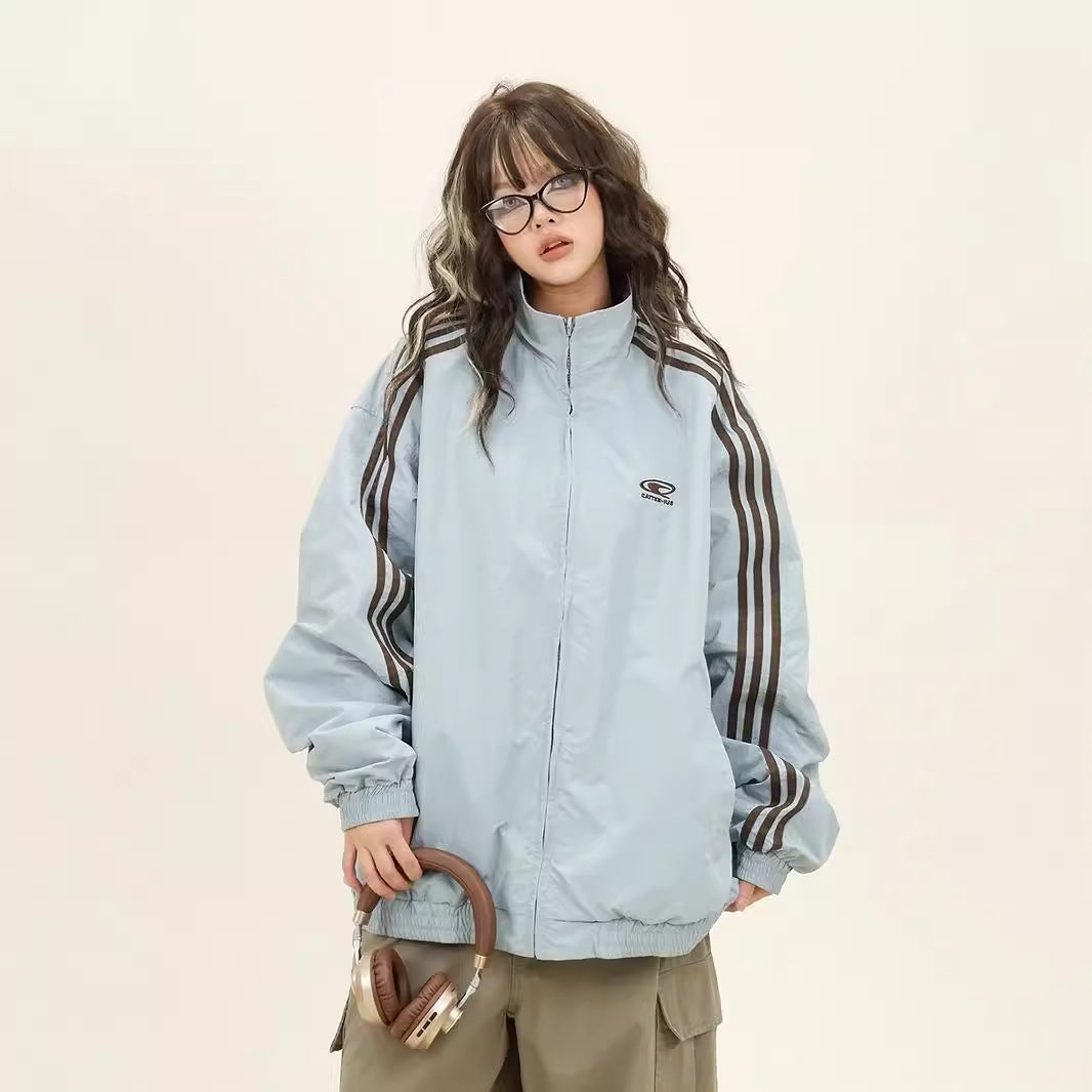 Dusk Three-Stripe Reversible Jacket for Women, Spring and Autumn, Loose Fit, Bf American Retro Sports Baseball Jacket, College Style Coat