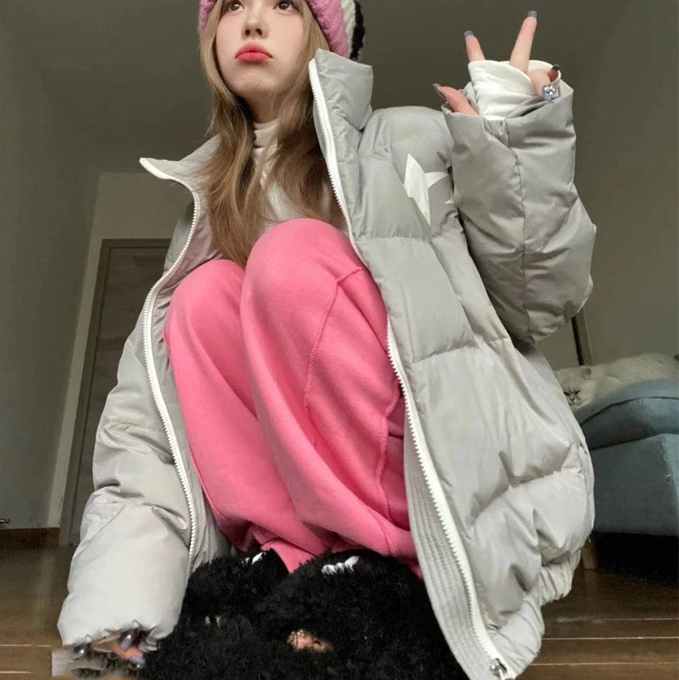 Niche XINGX Printed Puffer Jacket Coat Women, American Korean Retro Style Over sized Puffer Jacket Vintage Baseball Jacket Sports Printed Sparkle Gray jacket Aesthetic