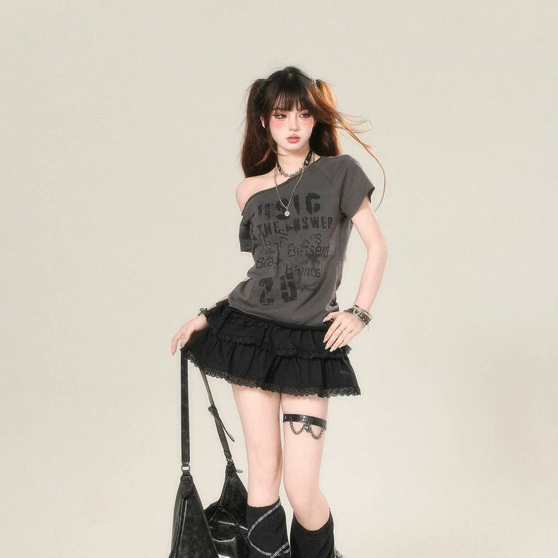 Korean-style Cool Japan Fashion Y2K Slant Shoulder Short-sleeved T-shirt Women's Summer Scrap Punk Slim-fit Slim-fit Short Top
