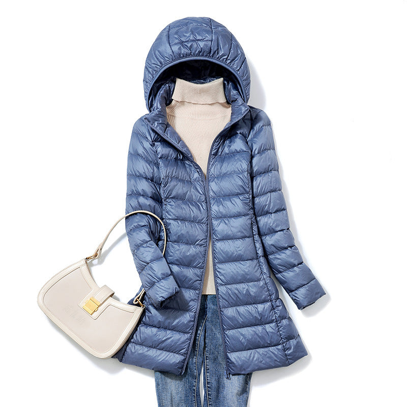 mid-length, lightweight down winter jacket for women, new arrival, 2025, autumn jacket, fall, december, hooded jacket, long, korean style