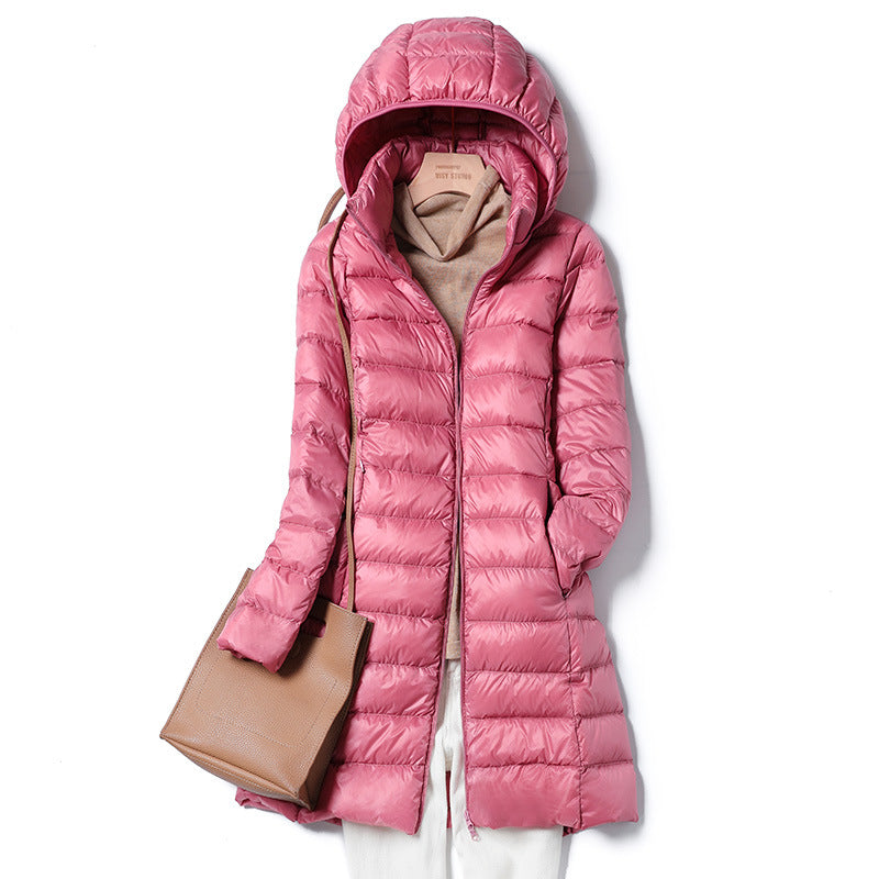 mid-length, lightweight down winter jacket for women, new arrival, 2025, autumn jacket, fall, december, hooded jacket, long, korean style