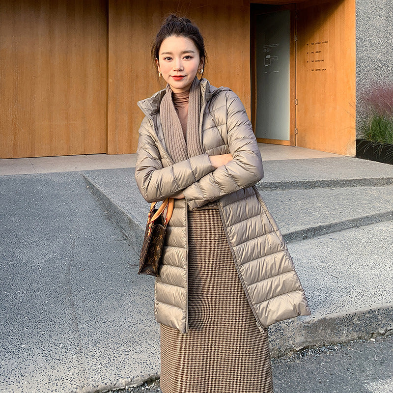 mid-length, lightweight down winter jacket for women, new arrival, 2025, autumn jacket, fall, december, hooded jacket, long, korean style