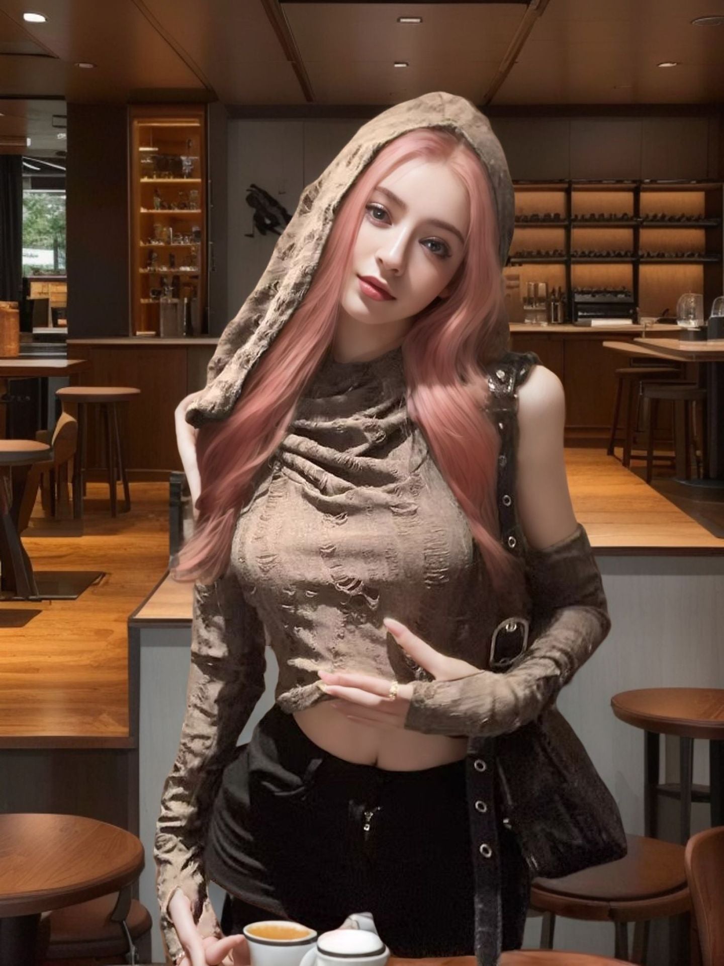 European and American Y2K Yabi Wasteland Style Jazz Dance Top for Women's Group Outfits, Jazz Dance Hooded Sun Protection Cover-Up