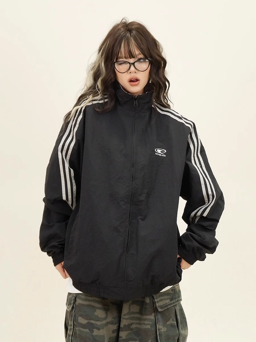 Dusk Three-Stripe Reversible Jacket for Women, Spring and Autumn, Loose Fit, Bf American Retro Sports Baseball Jacket, College Style Coat