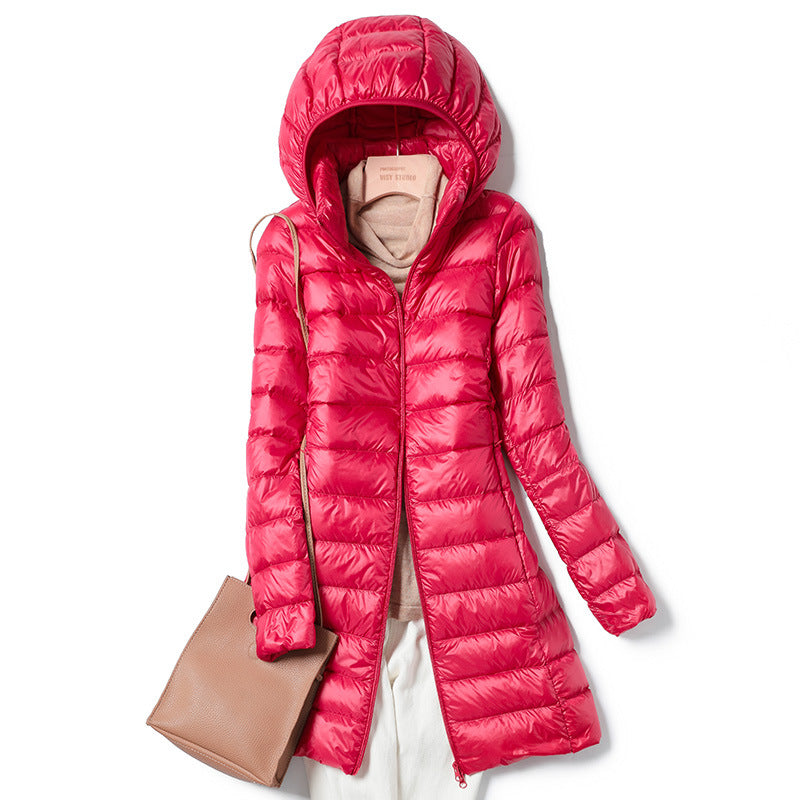 mid-length, lightweight down winter jacket for women, new arrival, 2025, autumn jacket, fall, december, hooded jacket, long, korean style