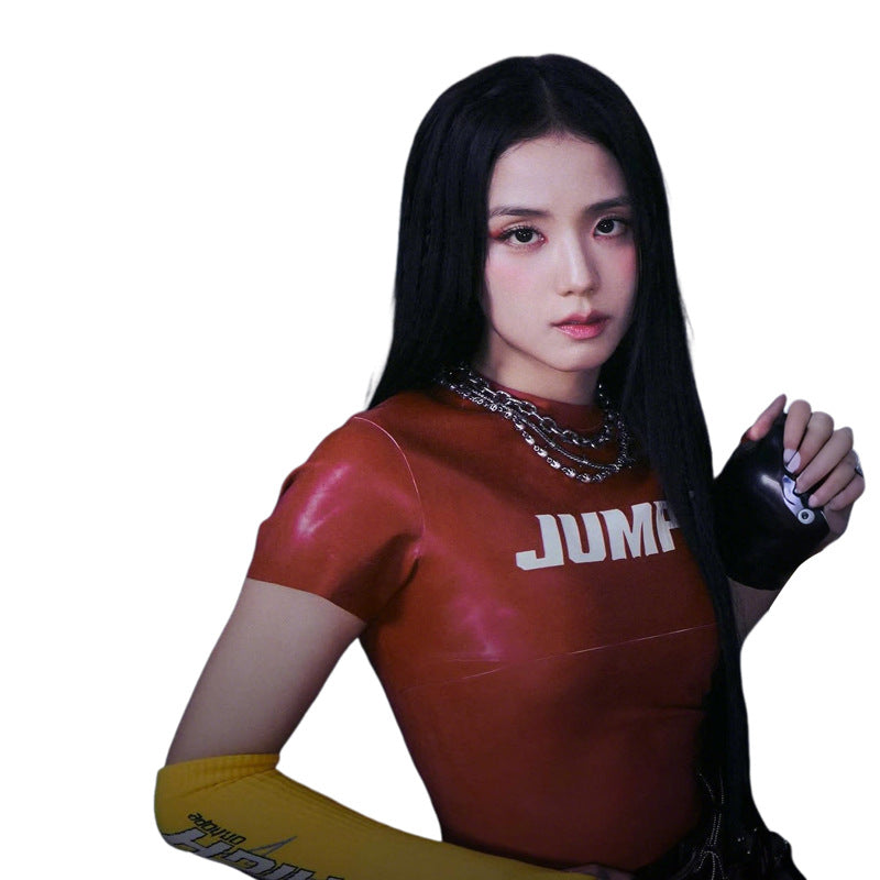 Sylcue Blackpink Idol Style letter Print Round Neck Easiest for match Short-Sleeved T-Shirt Feminine Navel-Baring Tops