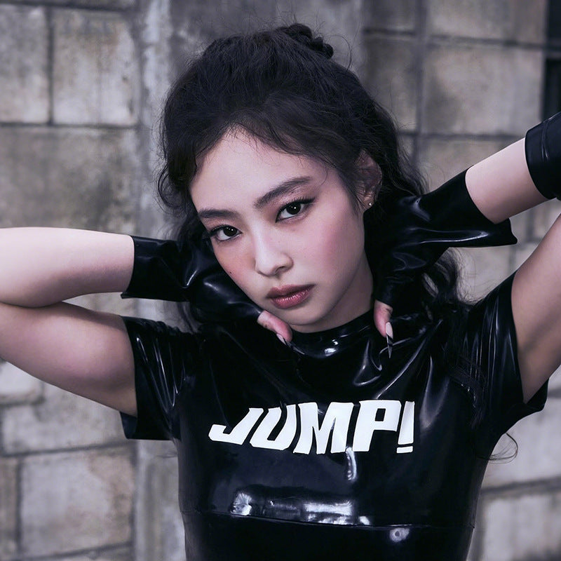 Sylcue Blackpink Idol Style letter Print Round Neck Easiest for match Short-Sleeved T-Shirt Feminine Navel-Baring Tops