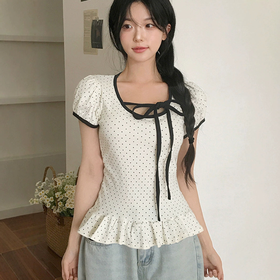 Sanwild Korean New Sweet Niche Design Short-Sleeved Women's Summer Slimming Look Versatile Strappy T-Shirt Top
